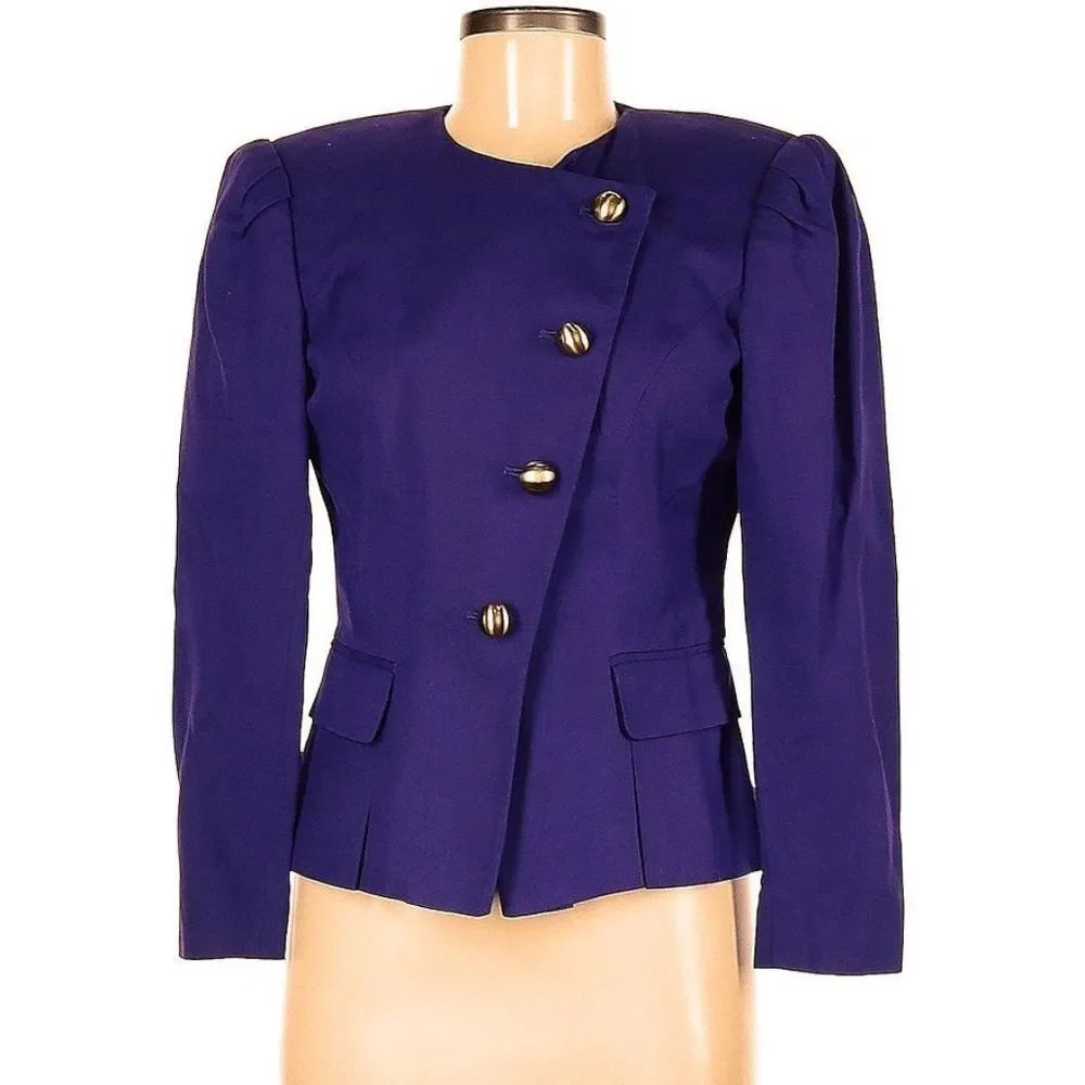 Vintage 80s Michelle Stuart Blazer Purple Gold Button Corpcore Size 8P